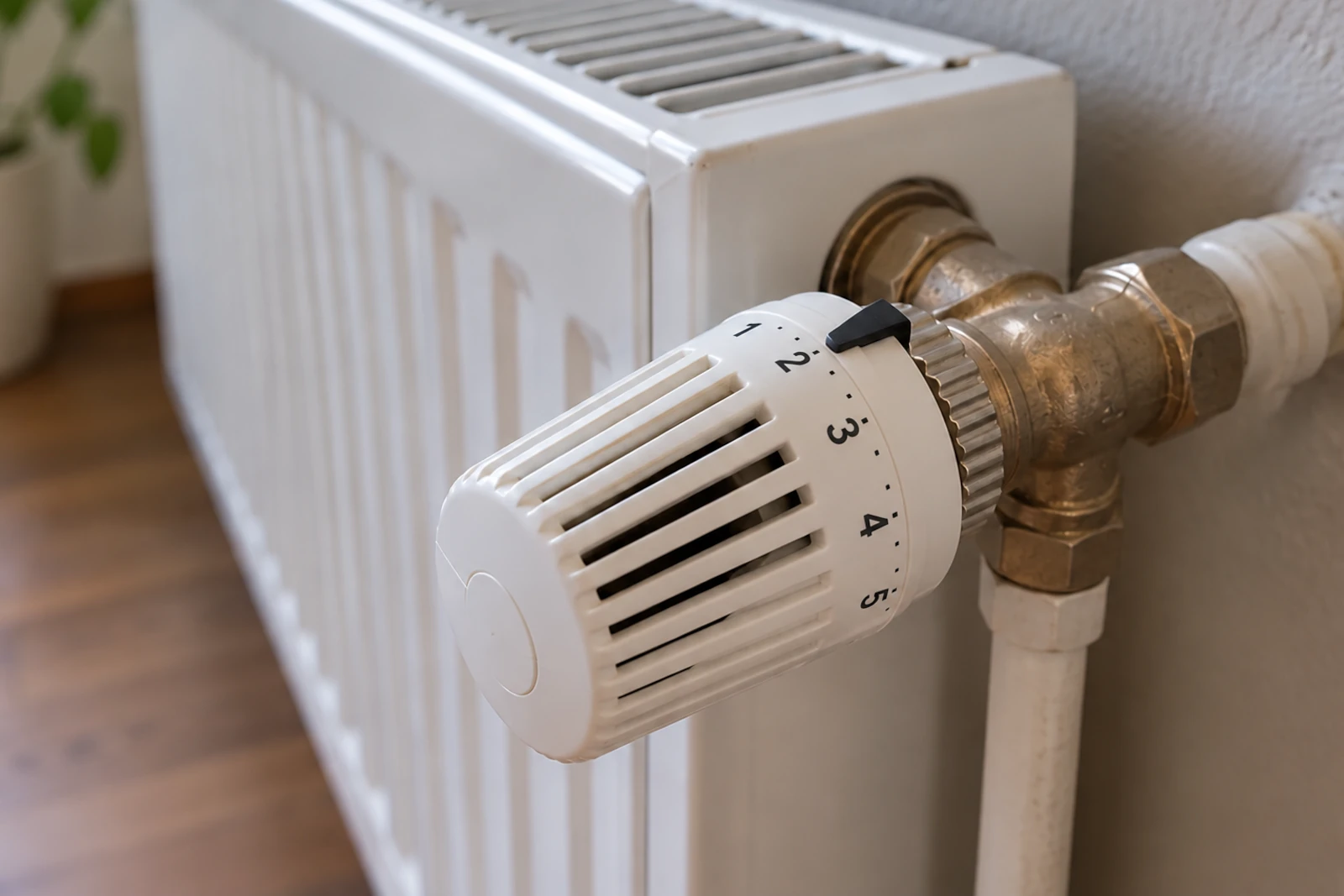 Biały grzejnik płytowy z głowicą termostatyczną i metalowym zaworem regulującym przepływ wody.