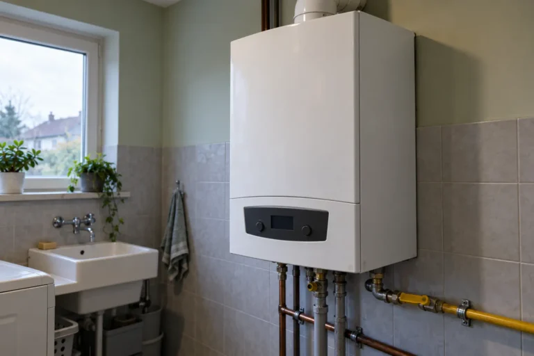 Biały wiszący kocioł gazowy z podłączonymi rurami instalacji grzewczej w domowym pomieszczeniu gospodarczym.